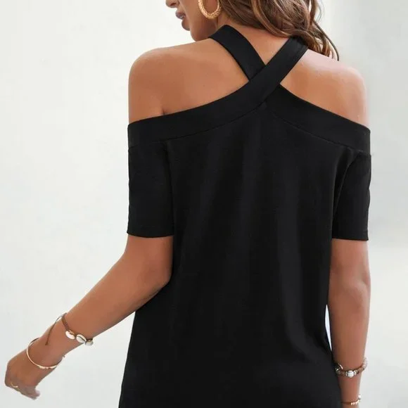 Black casual  Womens Criss Cross Cold Shoulder Tee - Picture 2 of 5
